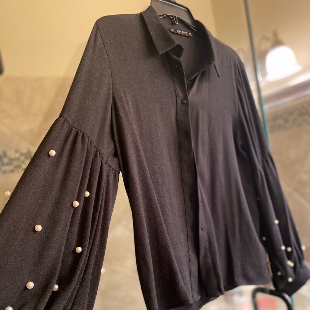 Zara black top with pearls on puffed sleeves